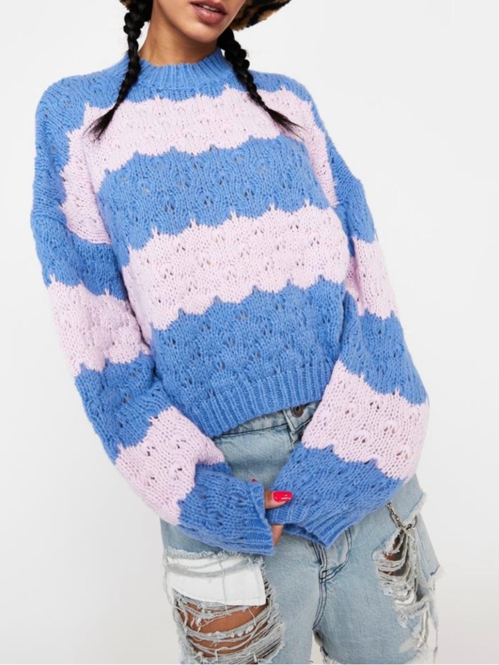 Cotton Candy Blue and Light Pink Striped Crewneck Sweater (SKU869)